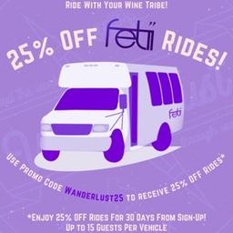 Use Promo Code WANDERLUST25 and receive 25% OFF Fetii Rides for 30 days from sign-up! Vehicles fit upwards of 15 guests and guests can bring Drinks onboard!